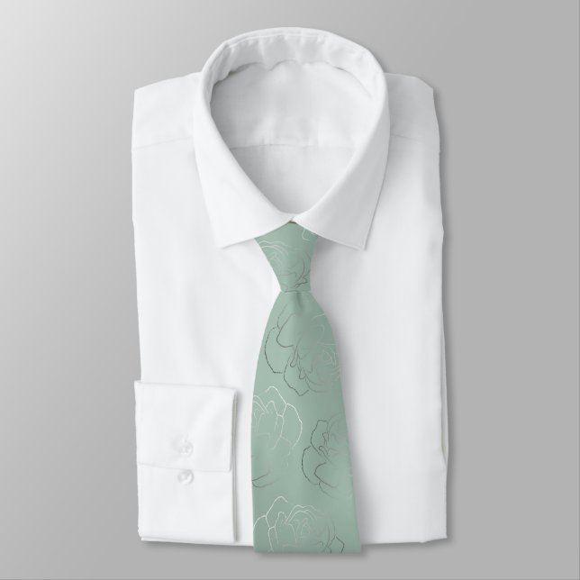 Sage Floral Wedding Tie (Tied)