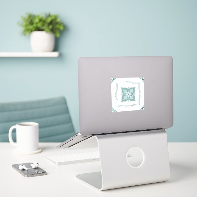 Sage Flower Motif Border Tiled Pattern Sticker (Laptop On Desk)