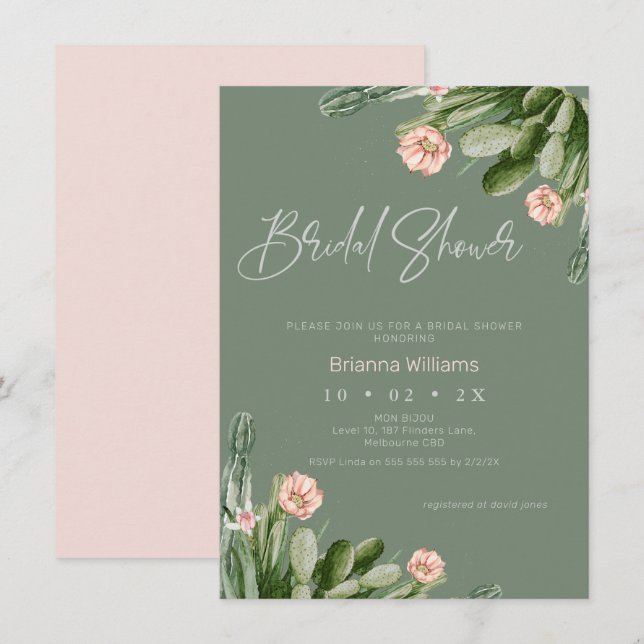 Sage Flowering Cactus Calligraphy Bridal Shower Invitation (Front/Back)