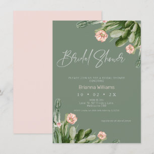 Sage Flowering Cactus Calligraphy Bridal Shower Invitation