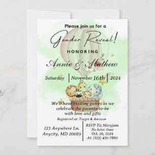 Sage Gender Reveal Animal Safari in a Hot Air Ball Invitation