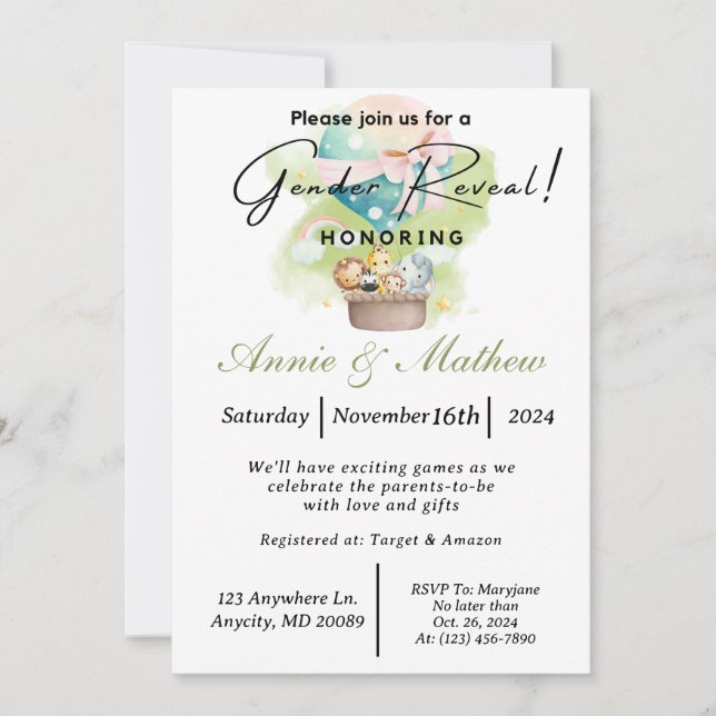 Sage Gender Reveal Animal Safari in a Hot Air Ball Invitation (Front)