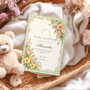 Sage Gingham Baby in Bloom Baby Shower Invitation