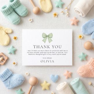 Sage Gingham Bow Baby Shower Thank You Card