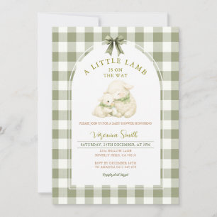 Sage Gingham Bow Little Lamb Baby Shower  Invitation