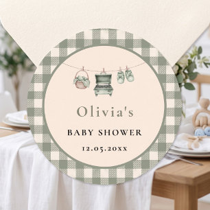 Sage Gingham Clothesline Grill Baby Shower Classic Round Sticker