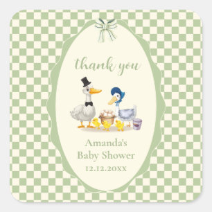 Sage Gingham Duck Family Duck Baby Shower Square Sticker