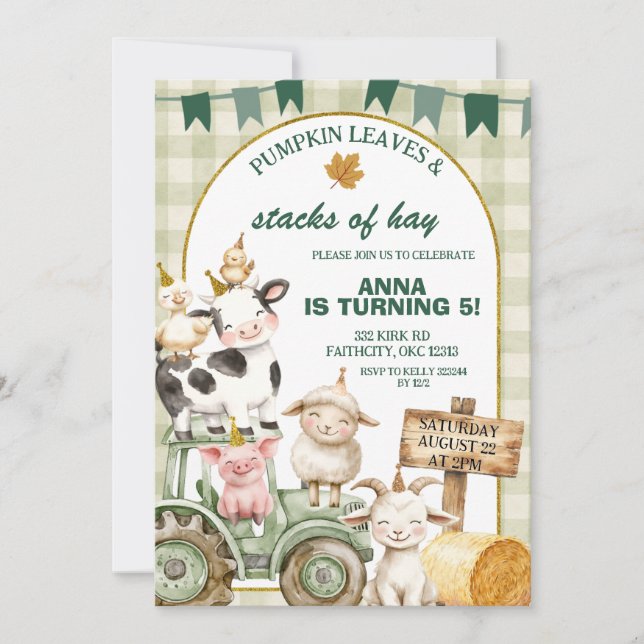Sage Gingham Fall Pumpkin Farm Animal Birthday Invitation (Front)