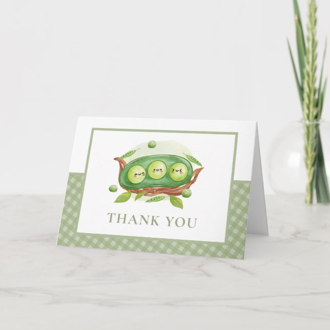 Sage Gingham Greenery Sweet Pea In Pod Baby Shower Thank You Card (Front)
