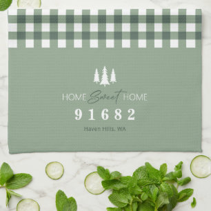 Sage Gingham Home Sweet Home Custom Zip Code  Kitchen Towel