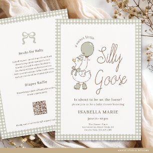 Sage Gingham Little Silly Goose Baby Shower Invitation