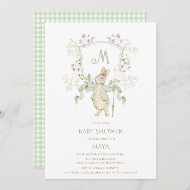 Sage Gingham Peter the Rabbit Monogram Baby Shower Invitation (Front/Back)