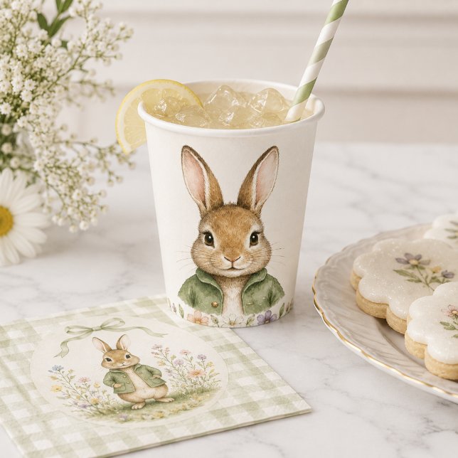 Sage Gingham Rabbit Baby Shower Paper Cups (Creator Uploaded)