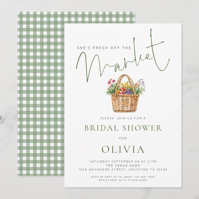 Sage Gingham She’s off the Market Bridal Shower Invitation (Front/Back)