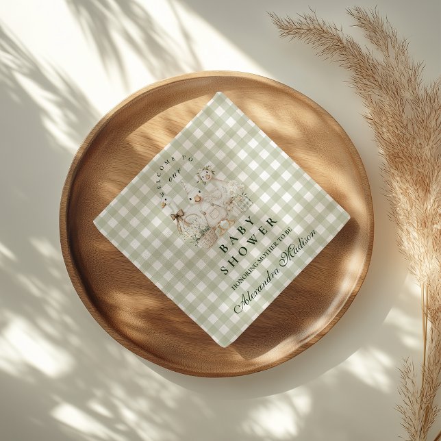 Sage Gingham Silly Goose Baby Shower Napkin (Creator Uploaded)