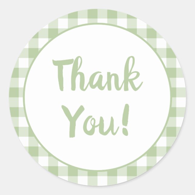 Sage Gingham Thank You Classic Round Sticker (Front)