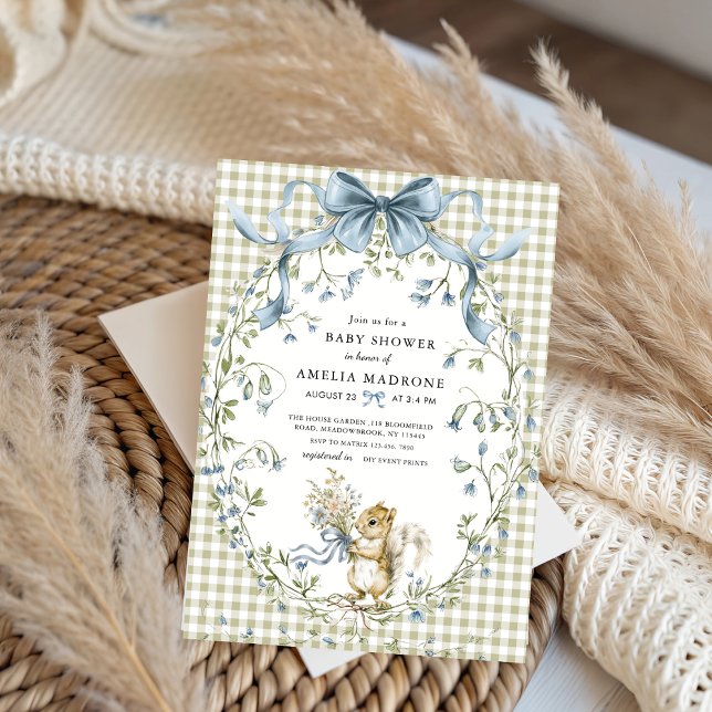 Sage Gingham Woodland Squirrel Baby Shower Invitation (Creator Uploaded)