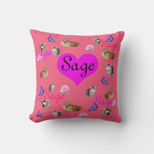 Sage Girls Name With Cats And Butterflies, Throw Pillow