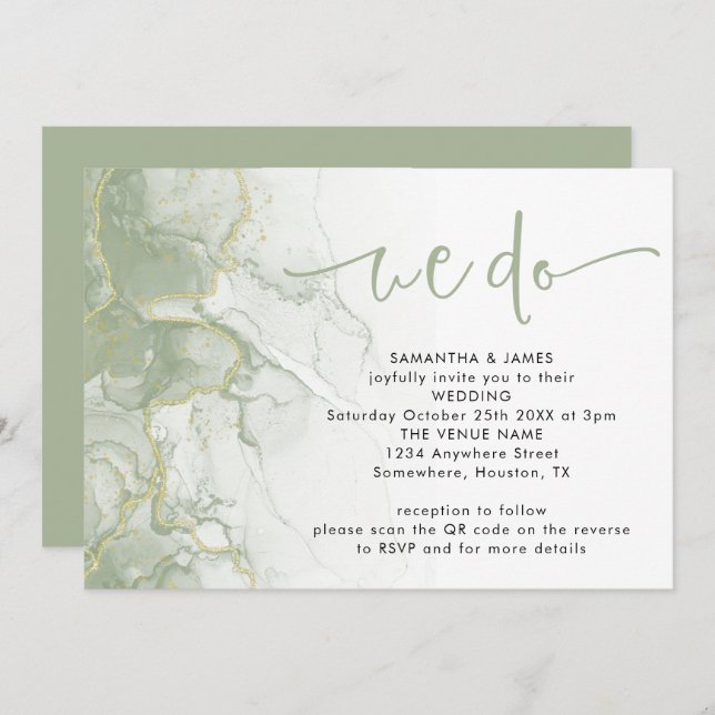 Sage Gold Agate Script We Do QR Code Wedding Invitation (Front/Back)