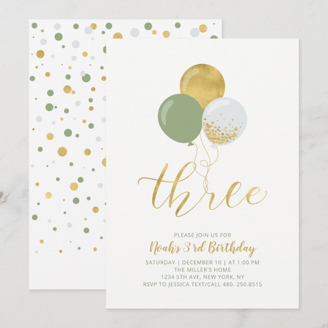 Sage & Gold Balloons Three 3rd Birthday Party Invitation (Front/Back)