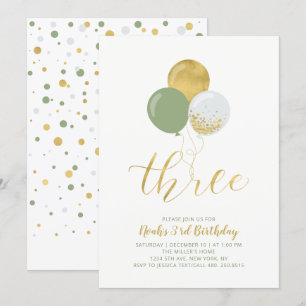 Sage & Gold Balloons Three 3rd Birthday Party Invitation