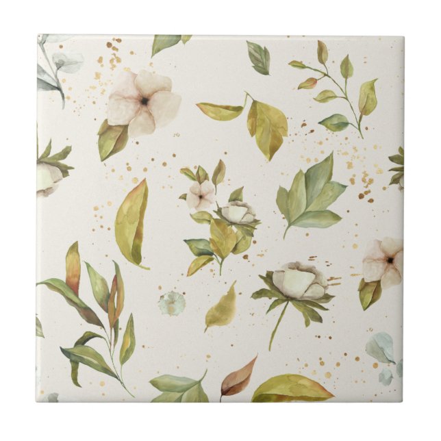 Sage, Gold, Cream Floral Seamless Clear Image Tile (Front)
