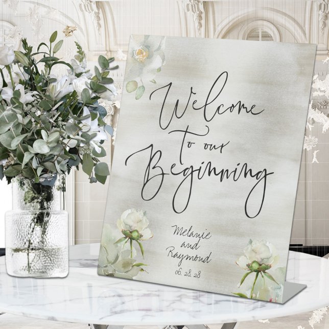 Sage & Gold Floral Welcome To Our Beginning  Pedestal Sign (Creator Uploaded)