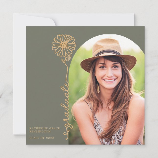 Sage Gold Handwritten Floral Photo Graduation Invitation (Front)