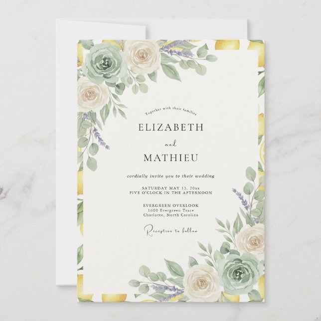 Sage Gold Succulent Eucalyptus Wedding Invitation (Front)