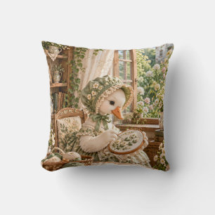 Sage Goose Floral Embroidery Cottage Throw Pillow