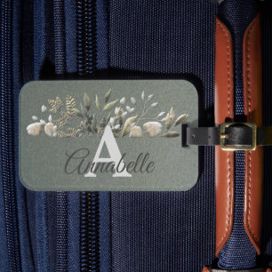 Sage Gr. Botanical Leaves Monogrammed Luggage Tag