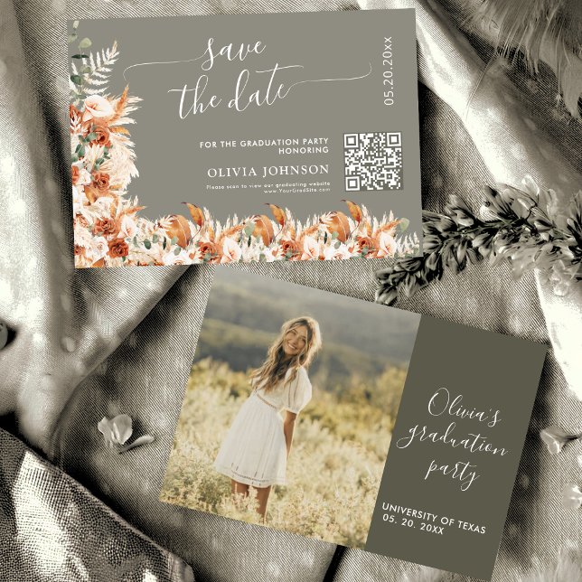 Sage Gray Terracotta Graduation Save the Date QR  (Creator Uploaded)