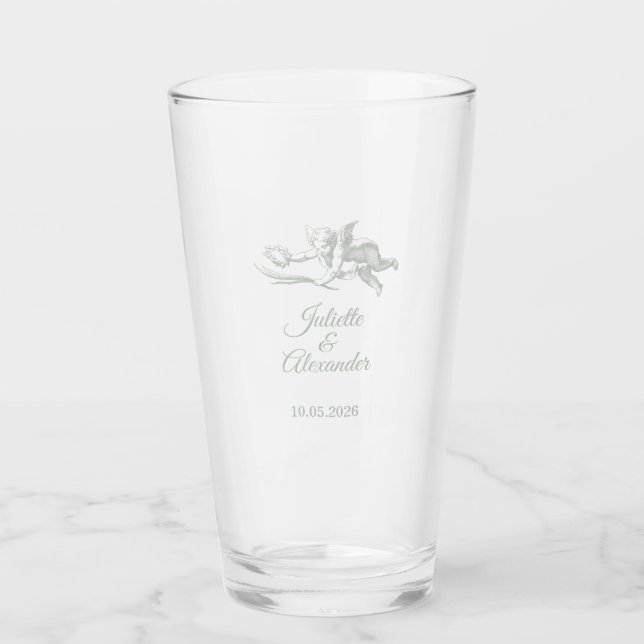 Sage Gray Toile de Jouy Wedding Glass Cup  (Front)