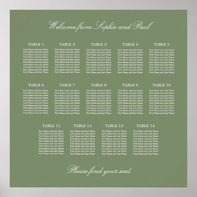 Sage Green 14 Table Wedding Seating Chart Poster (Front)