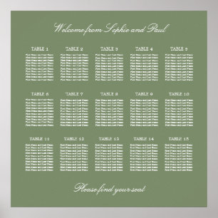Sage Green 15 Table Wedding Seating Chart Poster