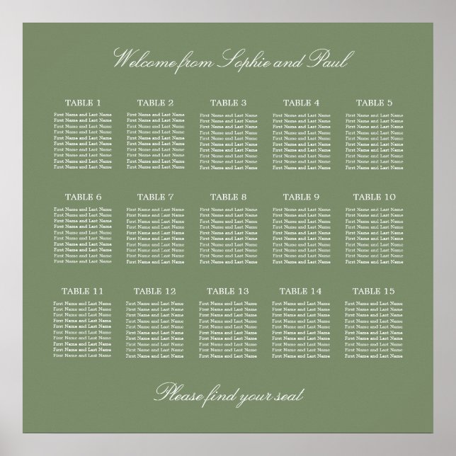 Sage Green 15 Table Wedding Seating Chart Poster (Front)