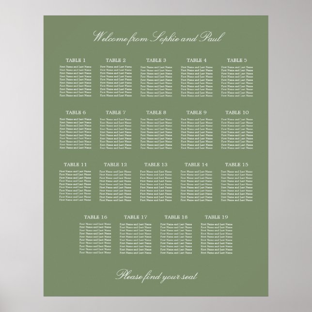 Sage Green 19 Table Wedding Seating Chart Poster (Front)