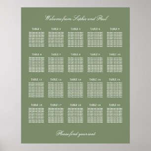 Sage Green 20 Table Wedding Seating Chart Poster