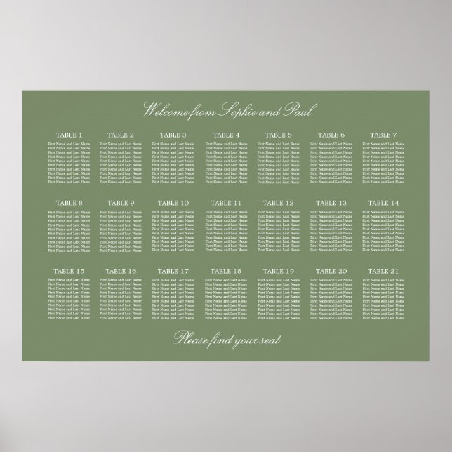 Sage Green 21 Table Wedding Seating Chart Poster (Front)