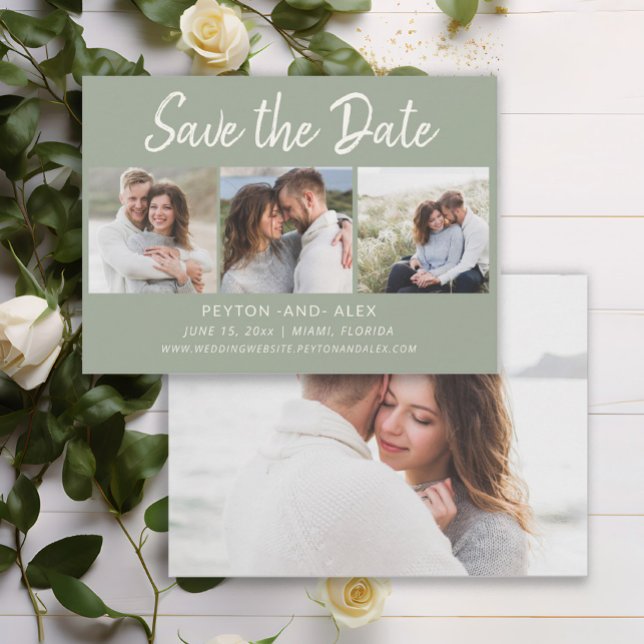 Sage Green 4-Photo 2 Sided Wedding Save Date  Save The Date (Elegant sage green 4-photo wedding Save the Date)