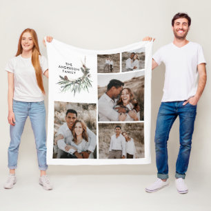 Sage green 5 photo modern botanical family gift fleece blanket