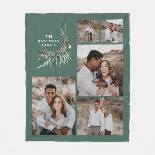Sage green 5 photo modern botanical family gift fleece blanket