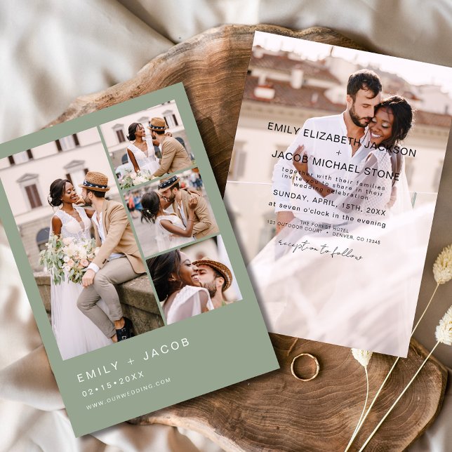 Sage Green 5 Photo Modern Elegant Wedding Invitation (Creator Uploaded)
