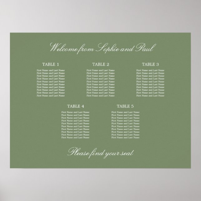 Sage Green 5 Table Wedding Seating Chart Poster (Front)