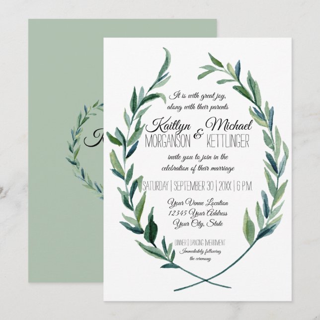 Sage Green 5X7 Laurel Wreath Olive Leaf Modern Invitation (Front/Back)