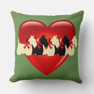 Sage green, 6 Scottish Terrier dog, red heart Throw Pillow