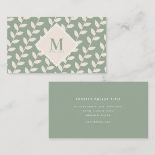 Sage Green 70s Retro Leaf Monogram Initial  Business Card