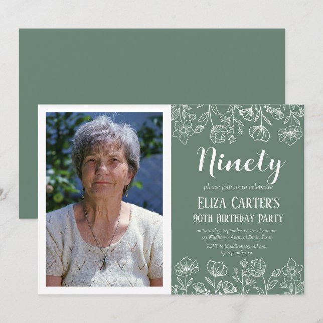 Sage Green 90th Ninety Floral Elegant Birthday  Invitation (Front/Back)