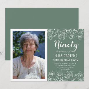 Sage Green 90th Ninety Floral Elegant Birthday Invitation