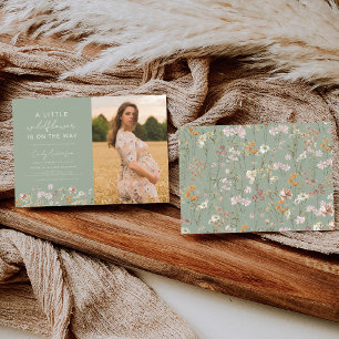 Sage Green A Little Wildflower Photo Baby Shower Invitation